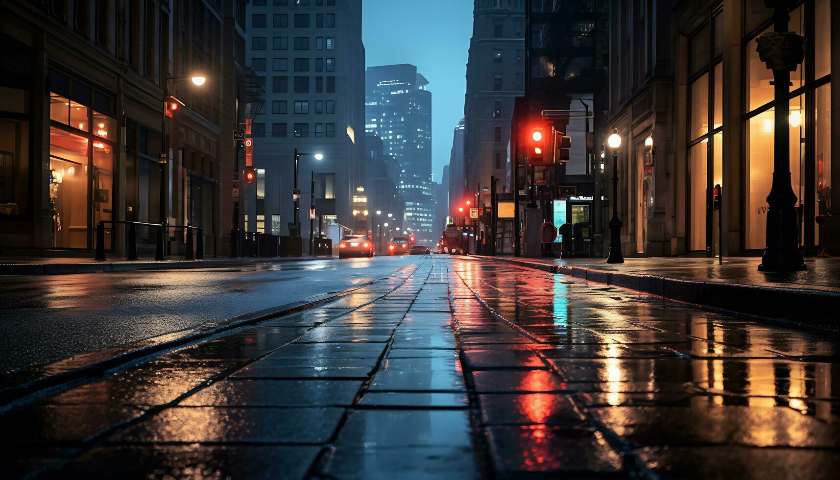 Bürgersteig beim Nacht nach Regen mit nass Straßen ai generativ foto