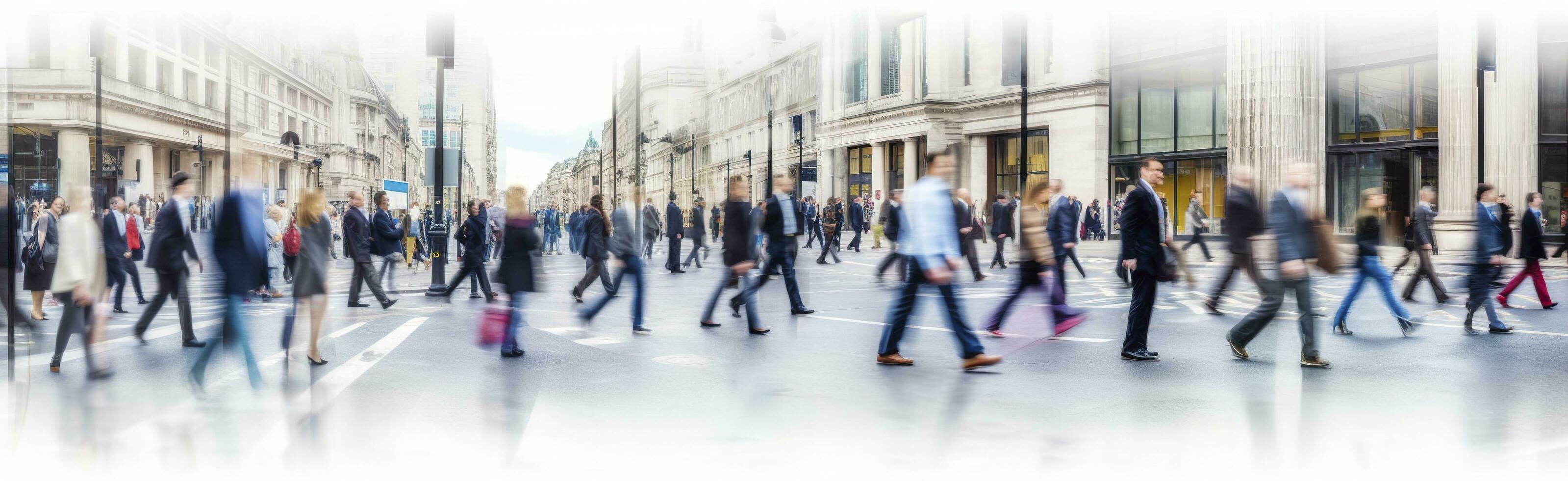 Gehen Menschen verwischen. viele von Menschen gehen im das Stadt von London. breit Panorama- Aussicht von Menschen Kreuzung das Straße. ai generiert foto