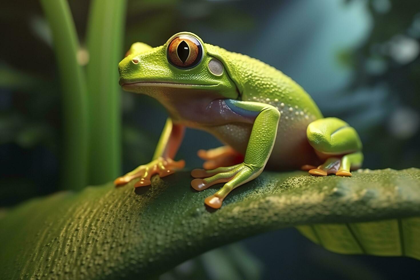 Baum Frosch Sitzung auf Pflanze. ai generiert foto