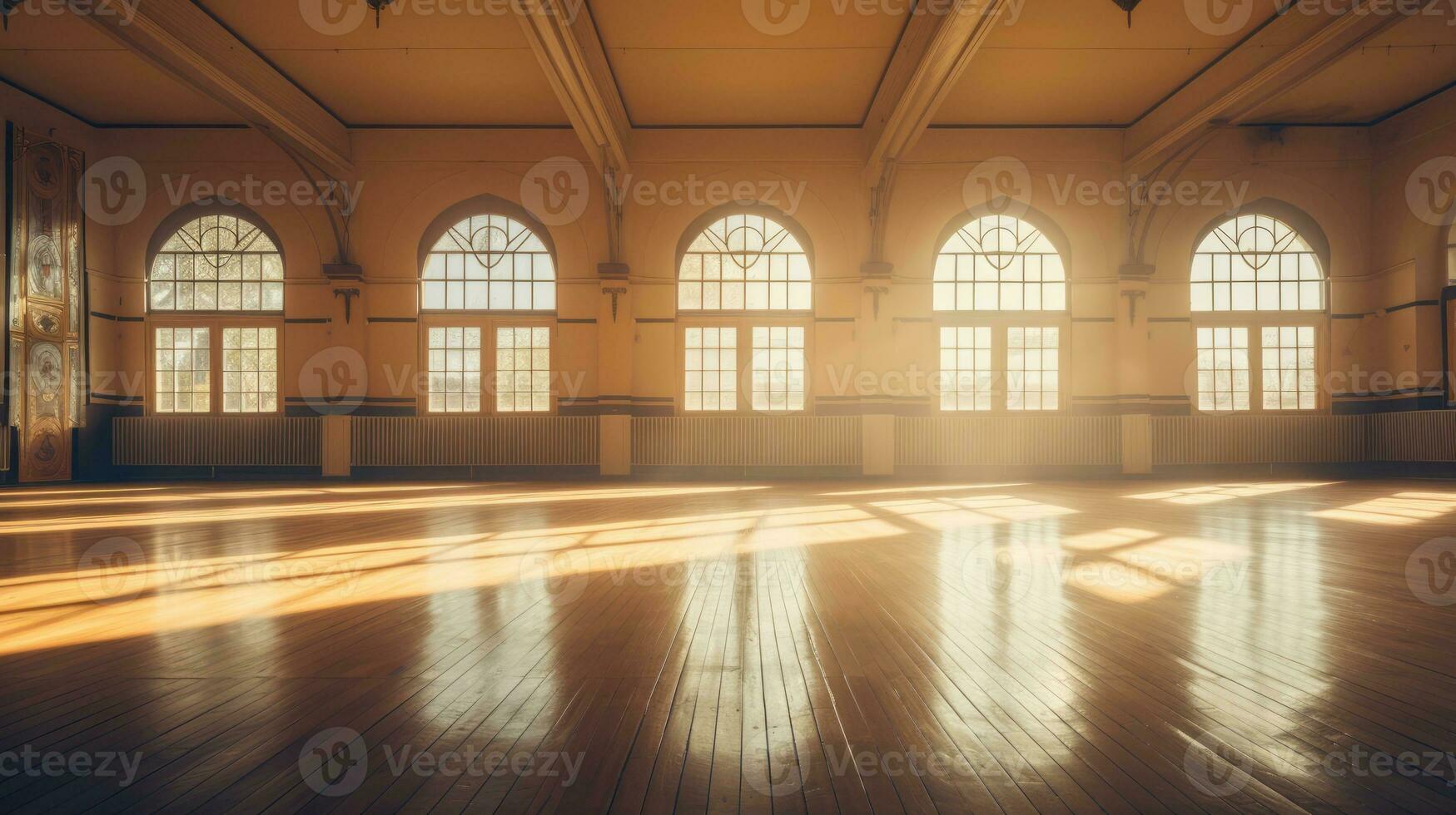 leeren klassisch tanzen Halle mit Spiegel, Sonnenlicht von Fenster. Ballett Klasse ai generativ foto