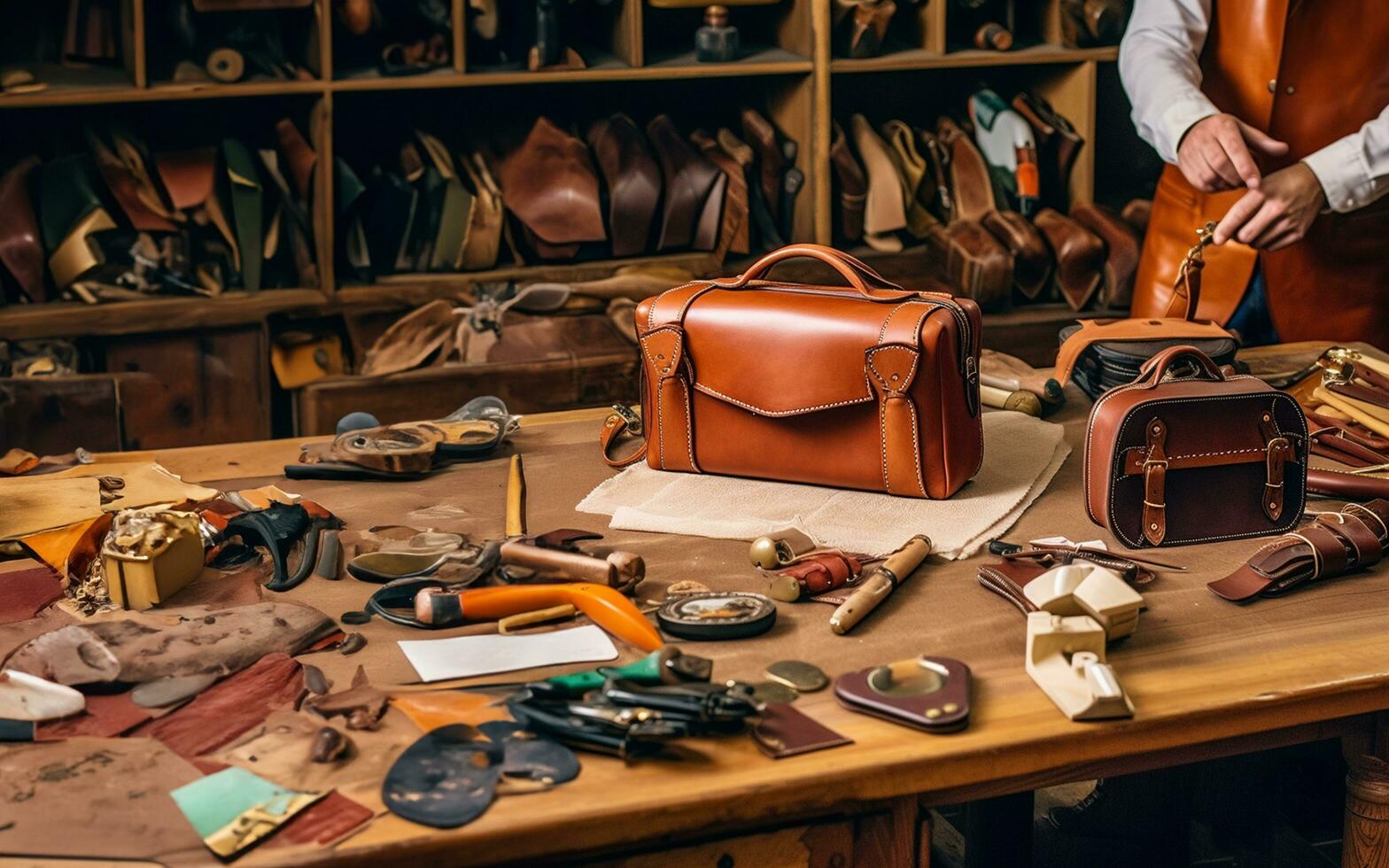 Leder Werkstatt, ein fertig Tasche, Hammer, Schere foto