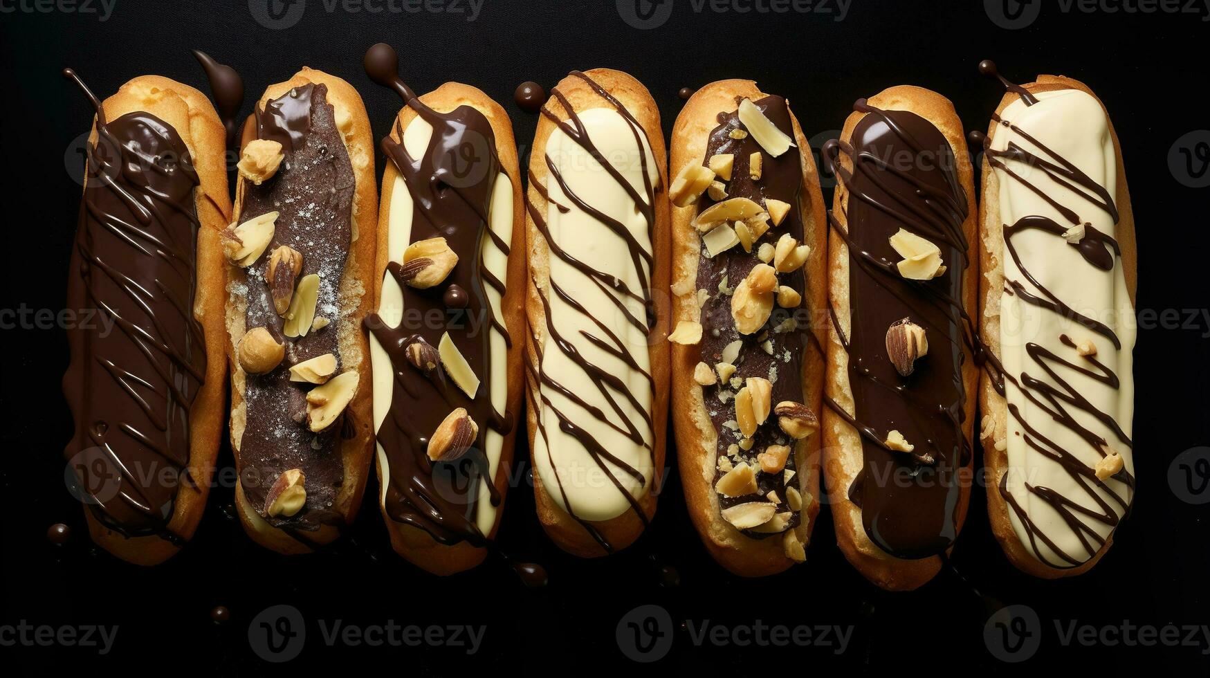 generativ ai, Sortiment von Eclairs, oben Sicht, Süss Lebensmittel. traditionell Französisch Dessert foto