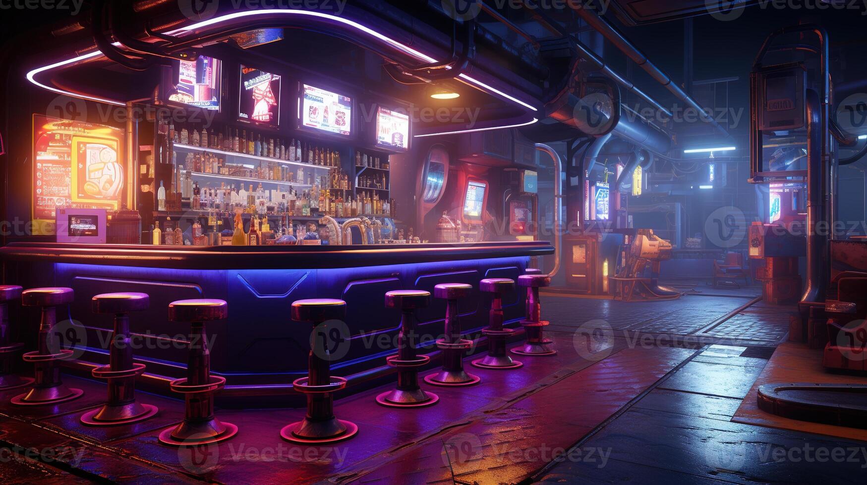 generativ ai, Cyberpunk Stil Bar oder Cafe. Nacht Szene von groß Stadt, futuristisch nostalgisch 80er, 90er. Neon- Beleuchtung beschwingt Farben, fotorealistisch horizontal Illustration. foto