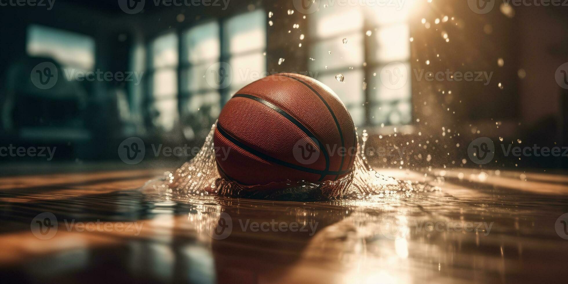 generativ ai, Basketball Ball auf das Gericht mit Wasser Spritzen und Sonnenlicht, Nahansicht Foto