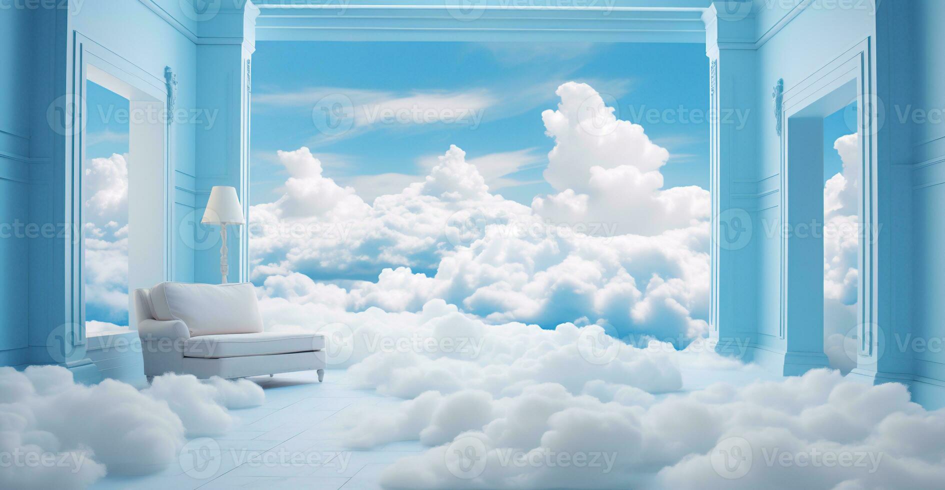 generativ ai, Weiß Blau Fantastisch 3d Wolken im das Zimmer Innere, Himmel und Landschaft. sanft Farben und mit hell Beleuchtung.. foto