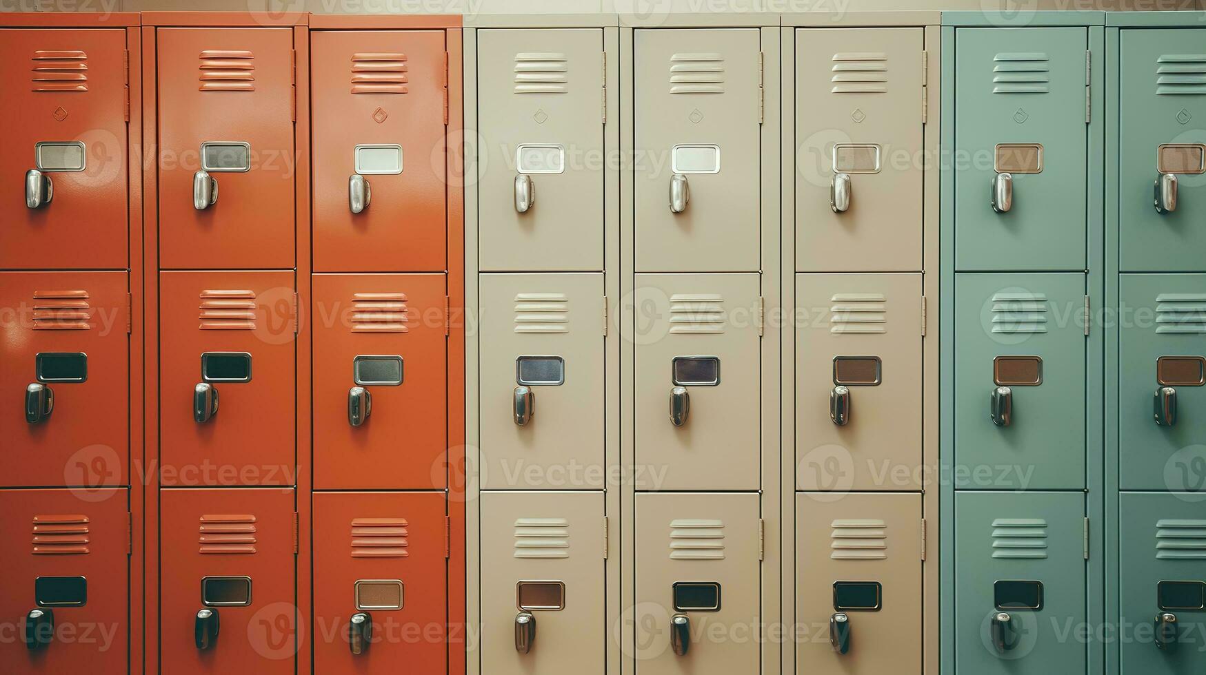 generativ ai, Reihe von hoch Schule Schließfächer im das Flur, Schließfach Zimmer foto