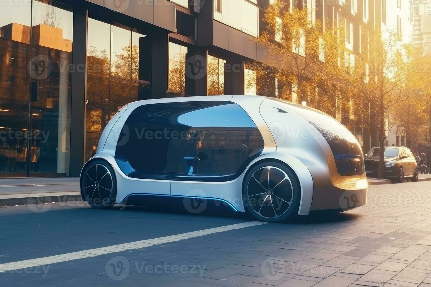 futuristisch selbstfahrend Auto auf Stadt Straßen. generativ ai foto