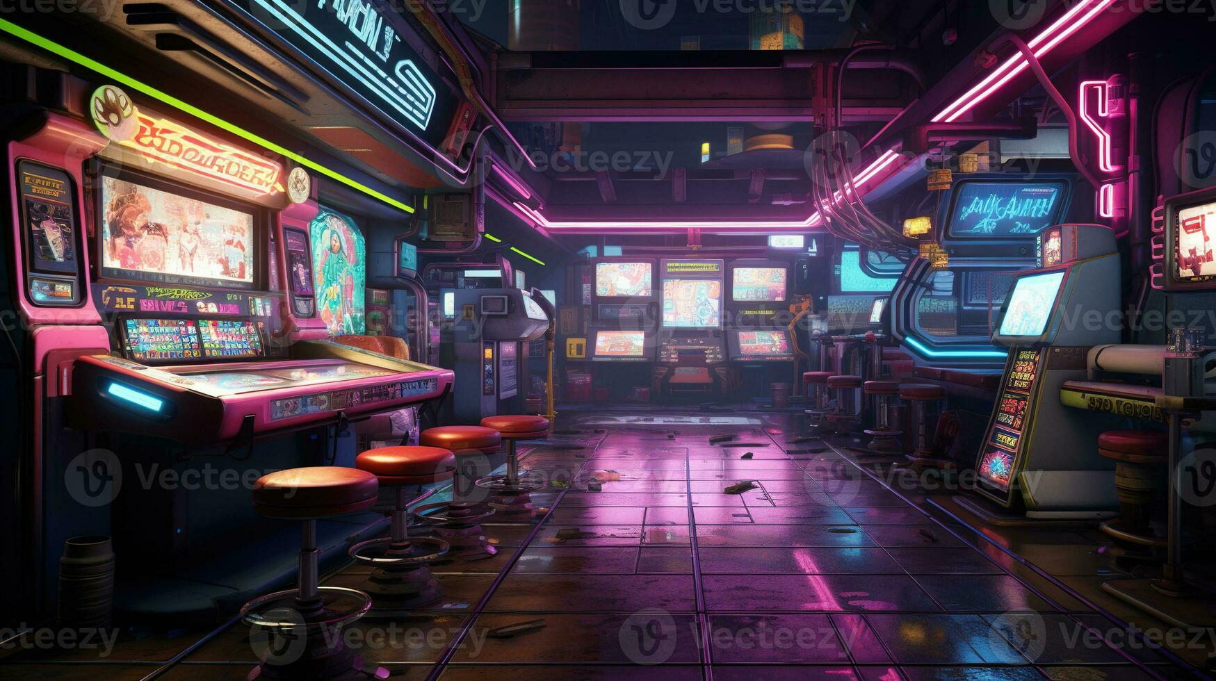 generativ ai, Cyberpunk Stil Spiel Bar oder Cafe. Nacht Szene von groß Stadt, futuristisch nostalgisch 80er, 90er. Neon- Beleuchtung beschwingt Farben, fotorealistisch horizontal foto