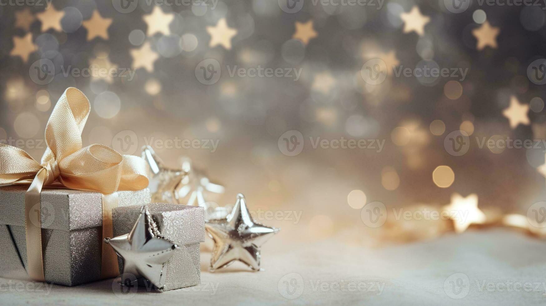 generativ ai, Weihnachten oder Neu Jahr minimalistisch Hintergrund mit Geschenk Kisten, Silber und golden Bokeh Beleuchtung, stumm geschaltet Farben foto