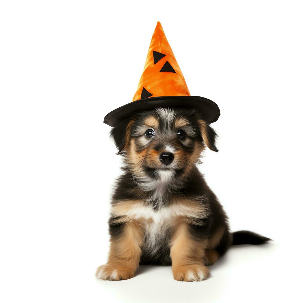 süß Hündchen Hund tragen Halloween Hut, isoliert auf Weiß Hintergrund, ai generiert foto