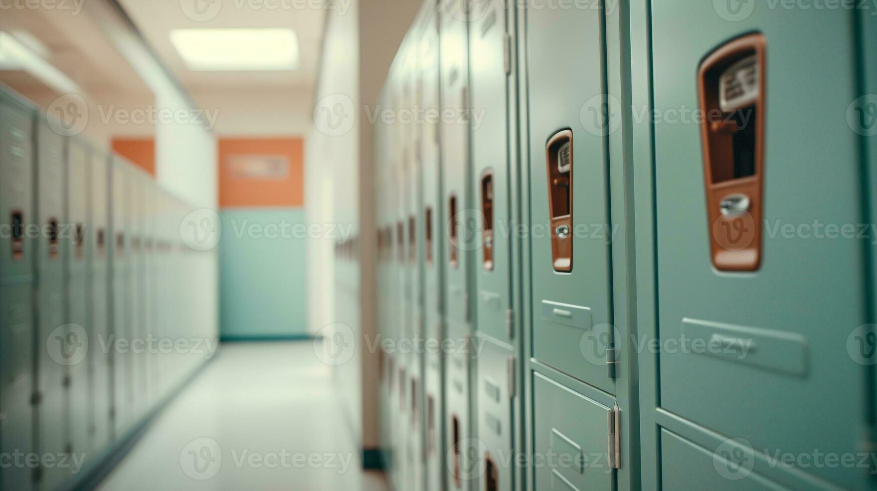 generativ ai, Reihe von hoch Schule Schließfächer im das Flur, Schließfach Zimmer foto