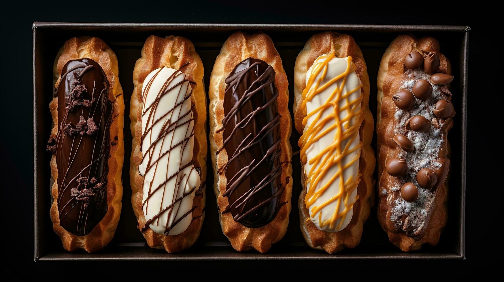 generativ ai, Sortiment von Eclairs, oben Sicht, Süss Lebensmittel. traditionell Französisch Dessert foto