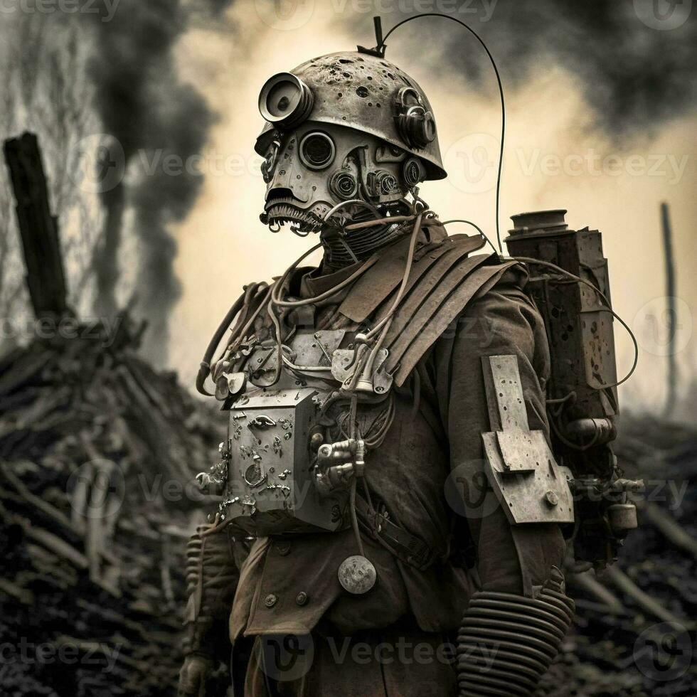 retrofuturistisch Cyborg wwi Soldat auf das Schlachtfeld generativ ai foto