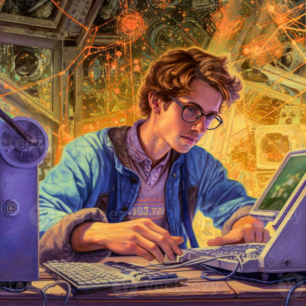 ein jung Nerd im seine Zimmer gegenüber seine Computer, bunt Comic Stil Zeichnung generativ ai foto