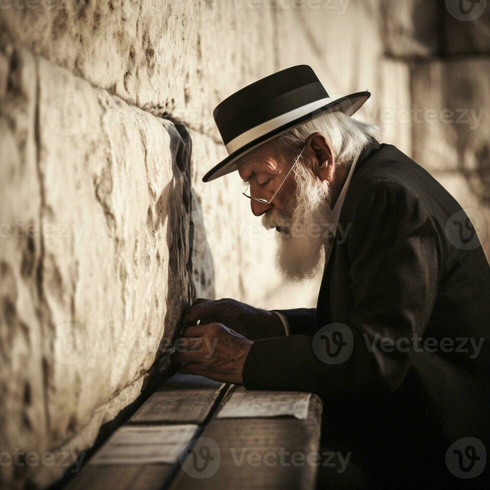 ein jüdisch Mann beten auf das Western Mauer im jerusalem generativ ai foto