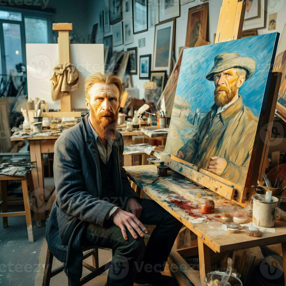 modern Porträt von Vincent van Gogh im seine Künstler Studio generativ ai foto