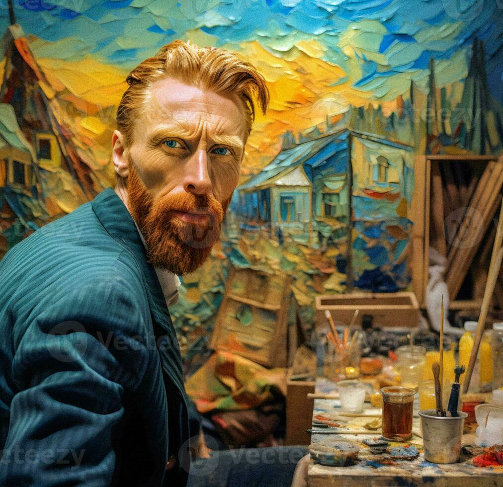 modern Porträt von Vincent van Gogh im seine Künstler Studio generativ ai foto