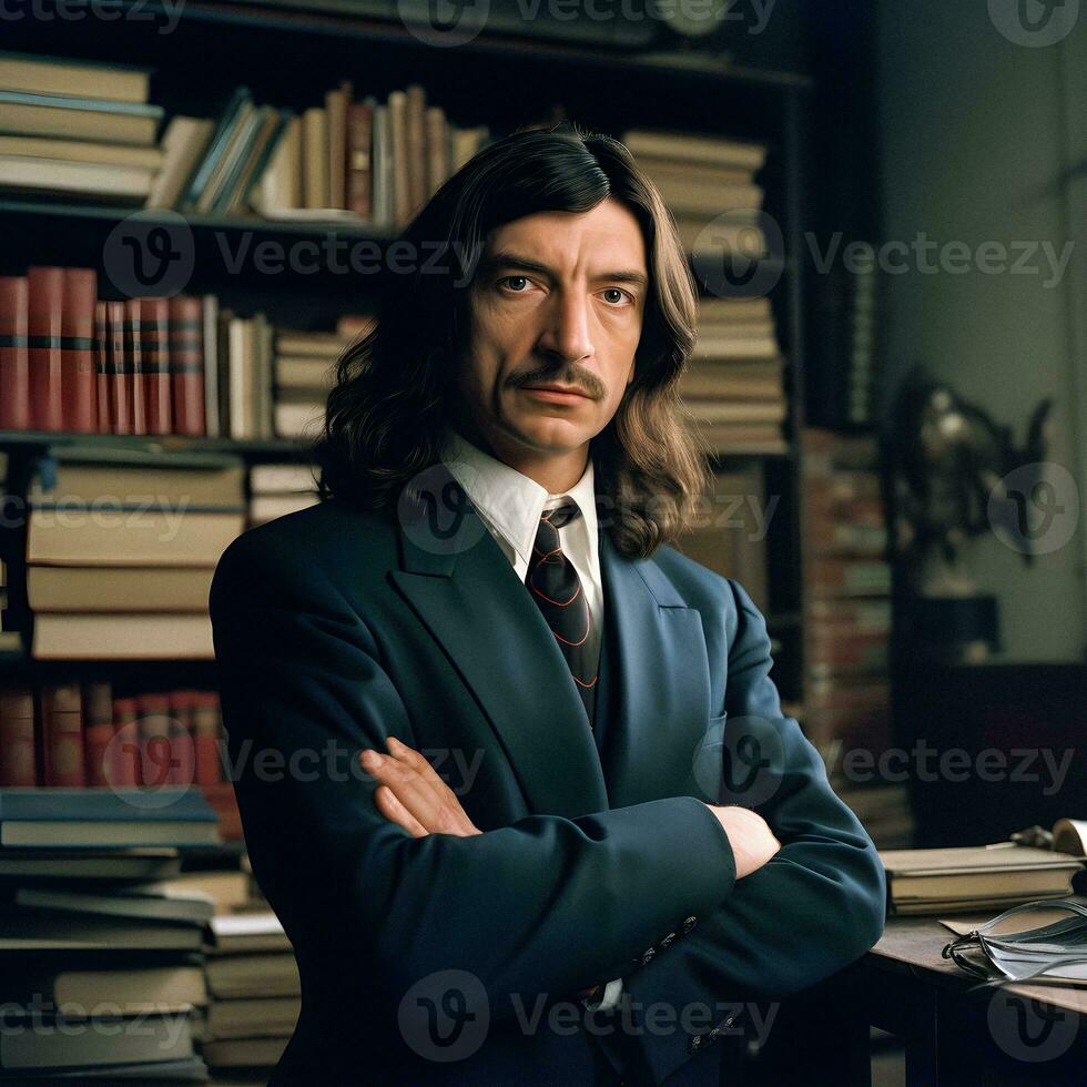 rene Descartes modern Philosoph und Unternehmer im elegant Kleidung foto