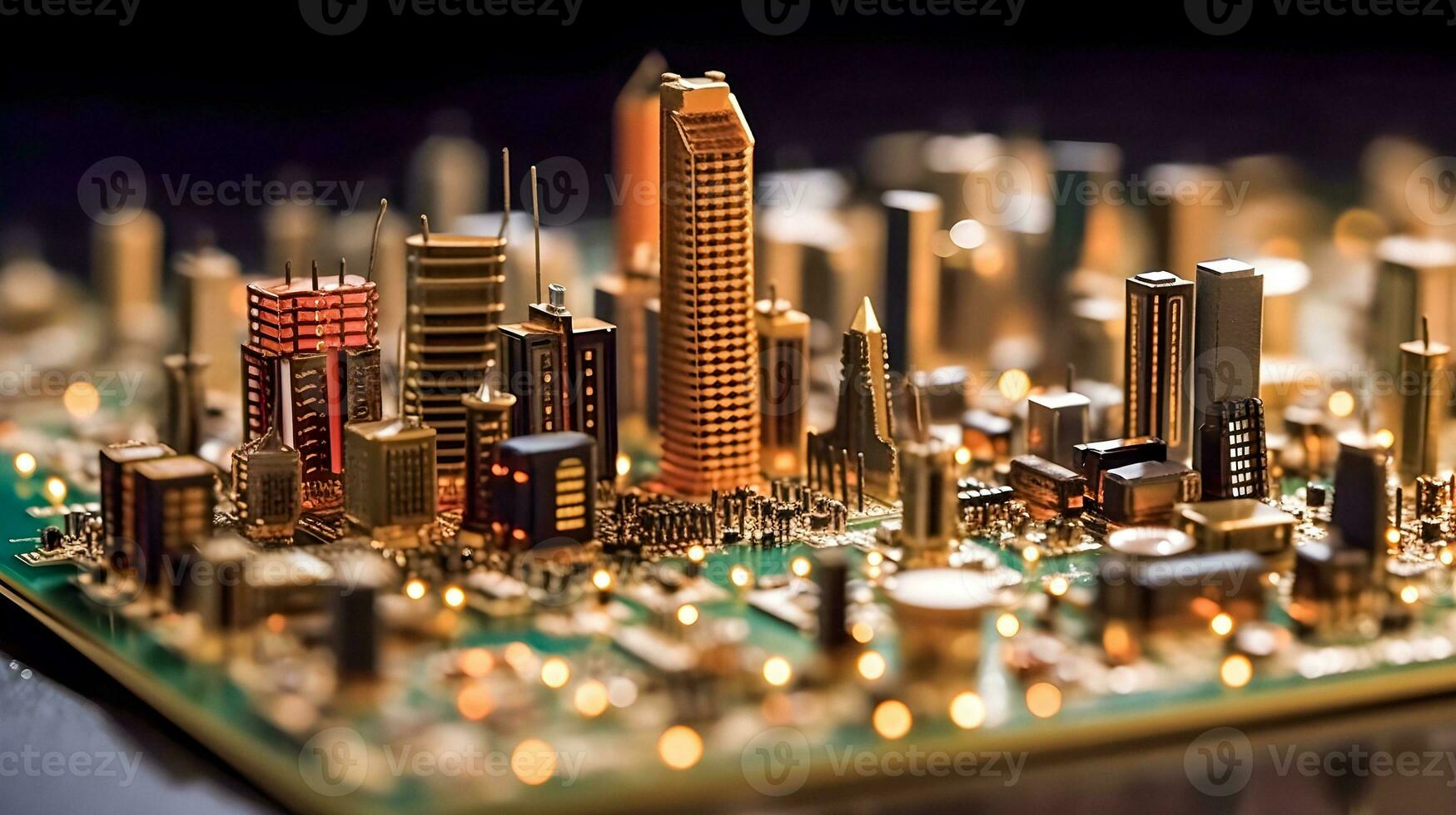 Stadtbild auf Schaltkreis ai generiert Miniatur Metropole foto