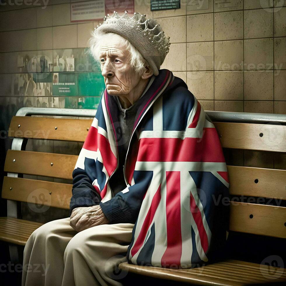 Alten britisch Frau mit Union Jack Flagge, generativ ai foto