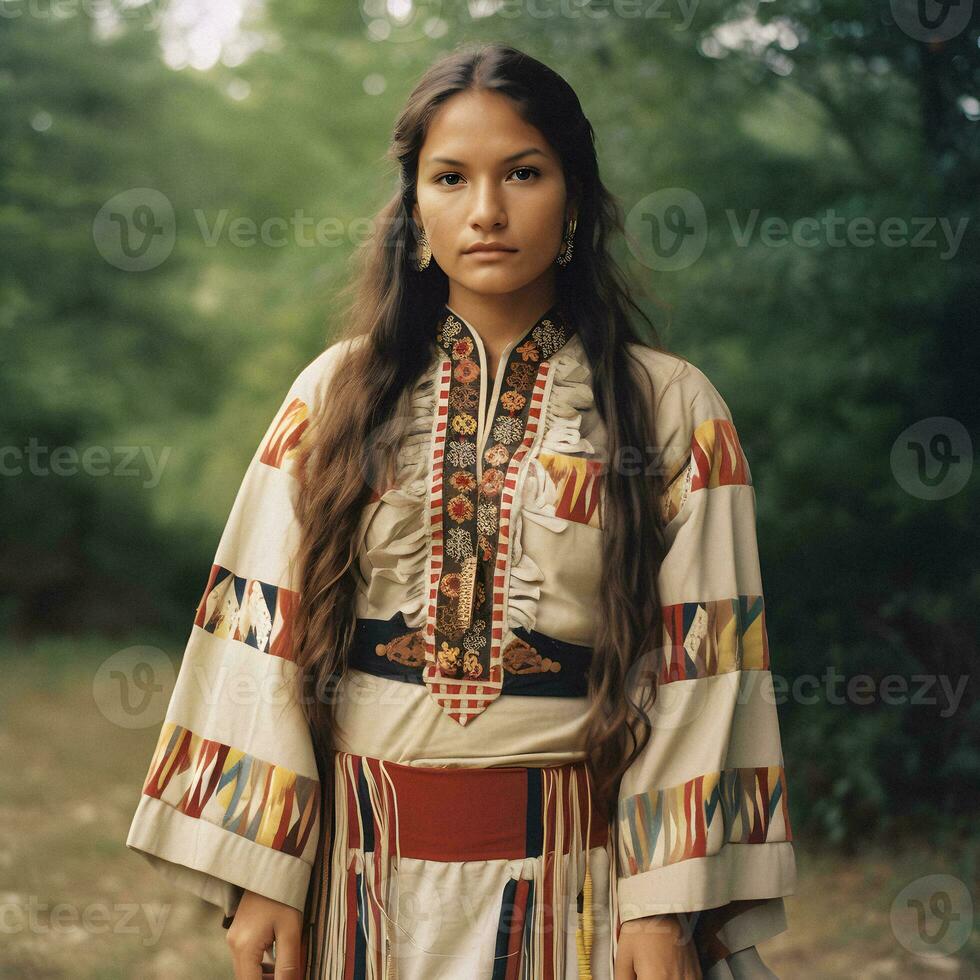 KI-generiert Porträt von Norden amerikanisch einheimisch Frau im traditionell Kleidung foto