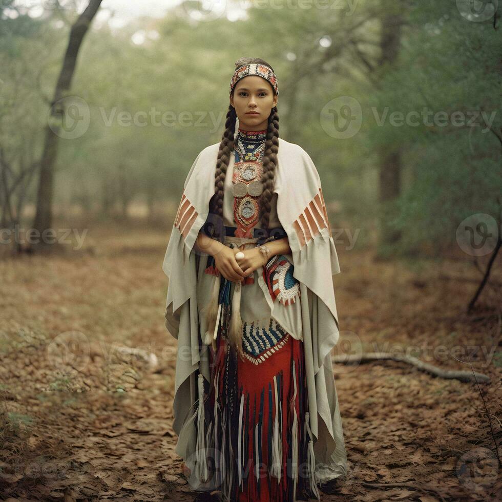 KI-generiert Porträt von Norden amerikanisch einheimisch Frau im traditionell Kleidung foto