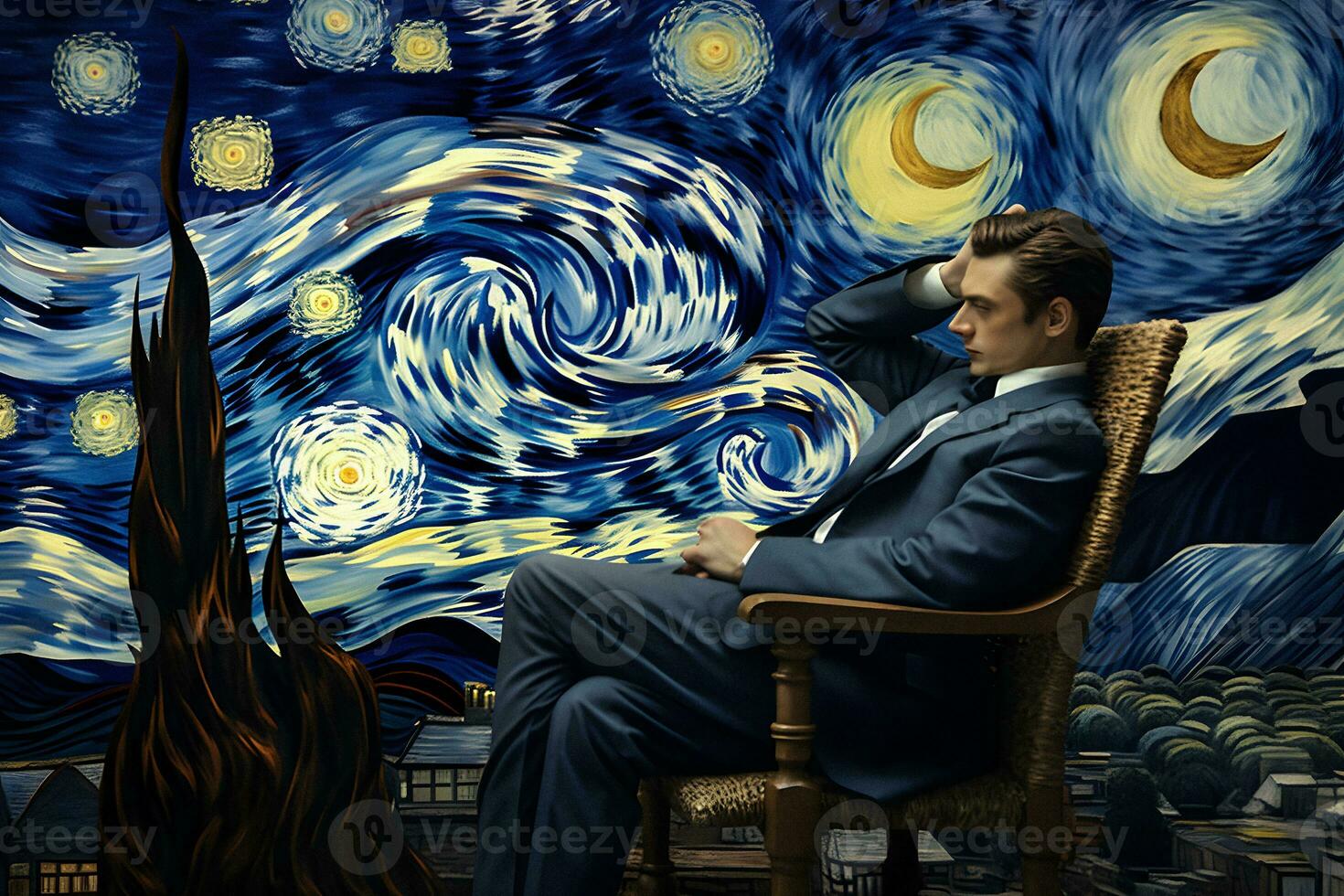 surreal Foto von ein Mann sitzend auf ein Stuhl im Vincent van Goghs sternenklar Nacht - - generativ ai