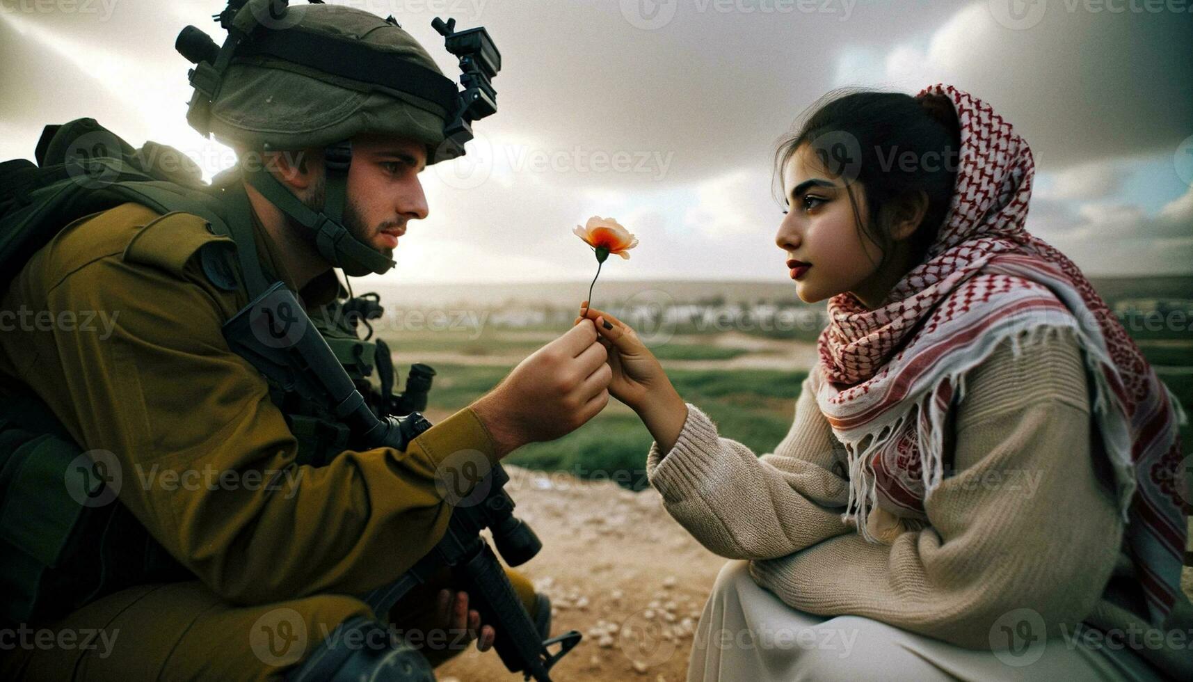 palästinensisch Frau Angebot Frieden Blume zu israelisch Soldat. generativ ai. foto