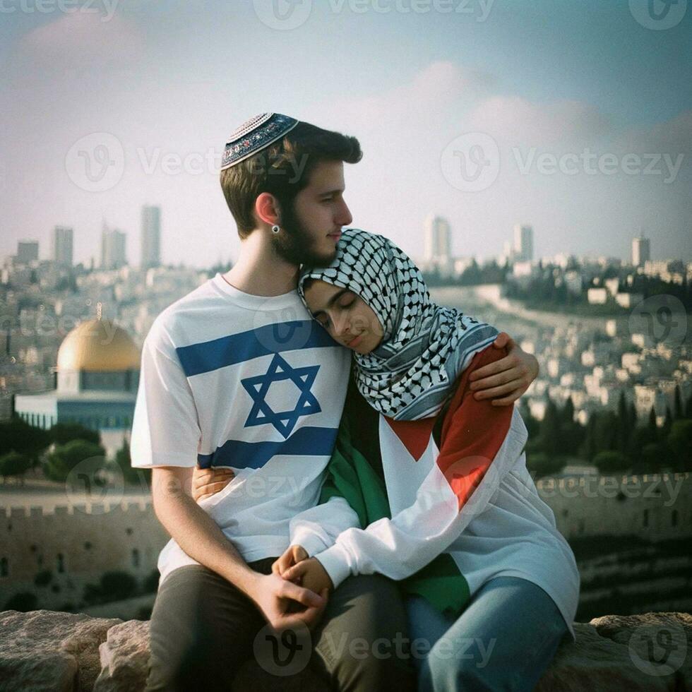 jung Paar im Liebe Symbol von Frieden und Versöhnung im Jerusalem. generativ ai. foto