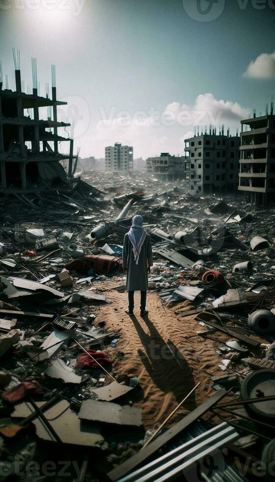 einsam Mann im vom Krieg zerrissen arabisch Stadt. generativ ai foto