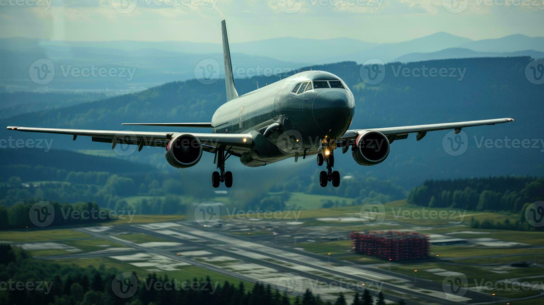 Flugzeug fliegend im das Himmel Über das Flughafen und Berge im das Hintergrund. foto