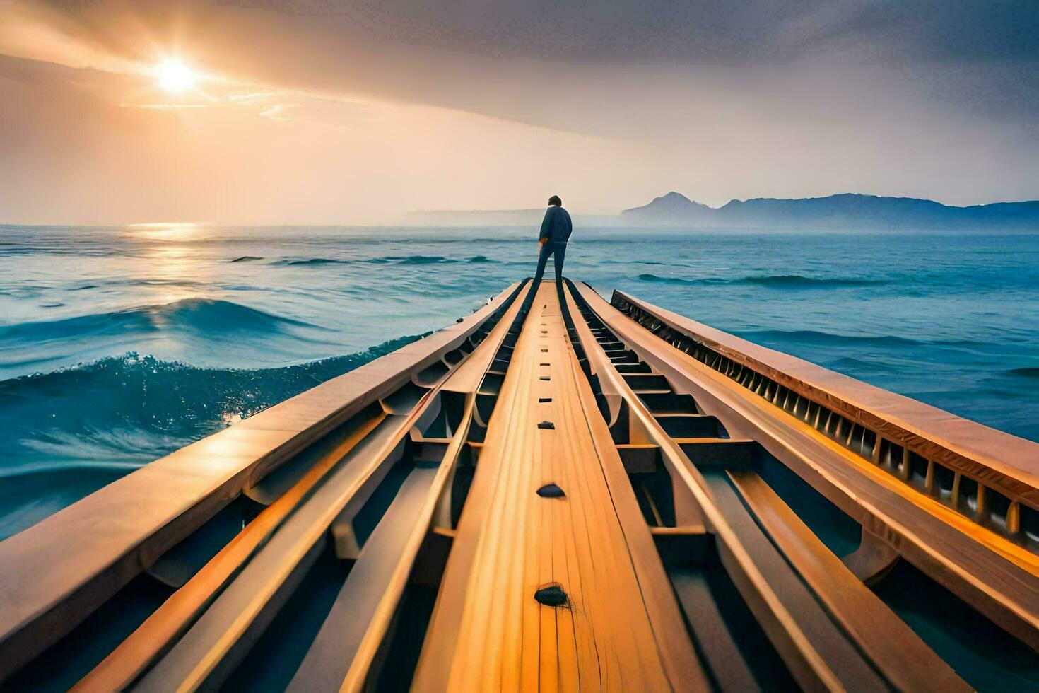 ein Mann Stehen auf das Ende von ein lange Boot im das Ozean. KI-generiert foto