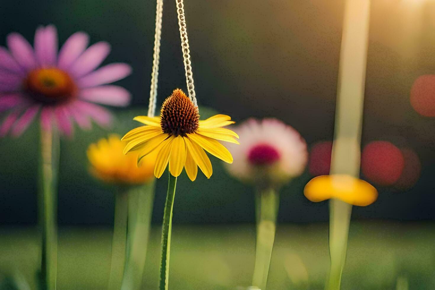 ein Halskette hängend von ein Blume im das Sonne. KI-generiert foto