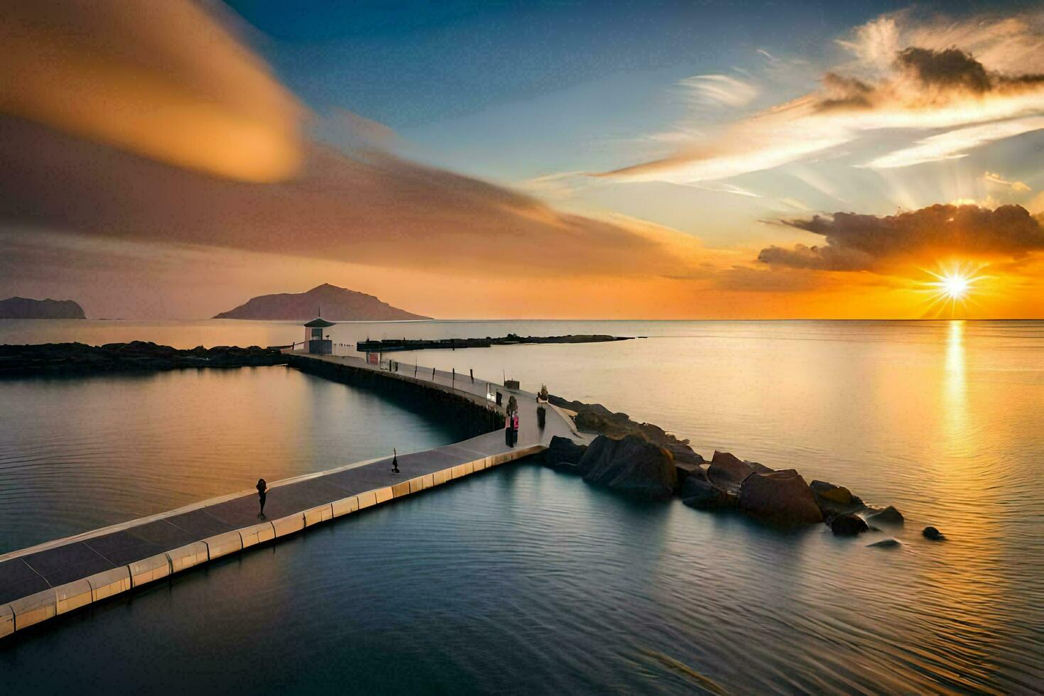 ein Seebrücke beim Sonnenuntergang mit Felsen und Wasser. KI-generiert foto