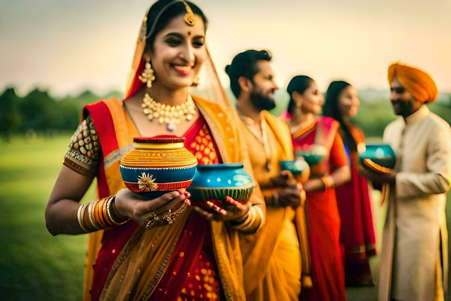 indisch Frauen im traditionell Kleidung halten Töpfe. KI-generiert foto