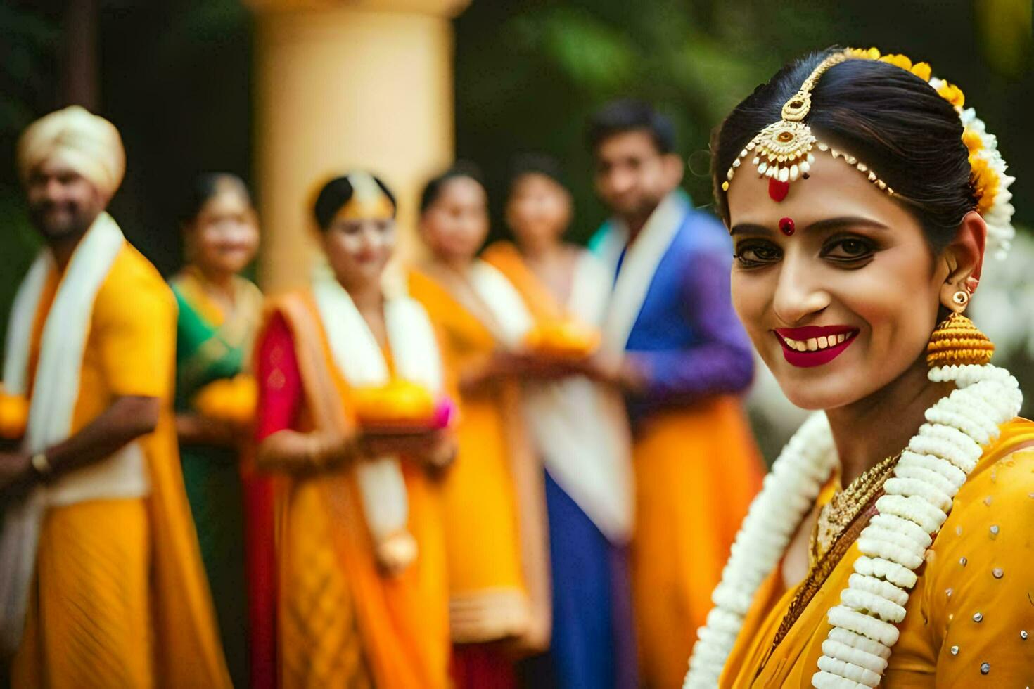 ein Braut im Gelb und Orange Hochzeit Kleid mit ihr Brautjungfern. KI-generiert foto