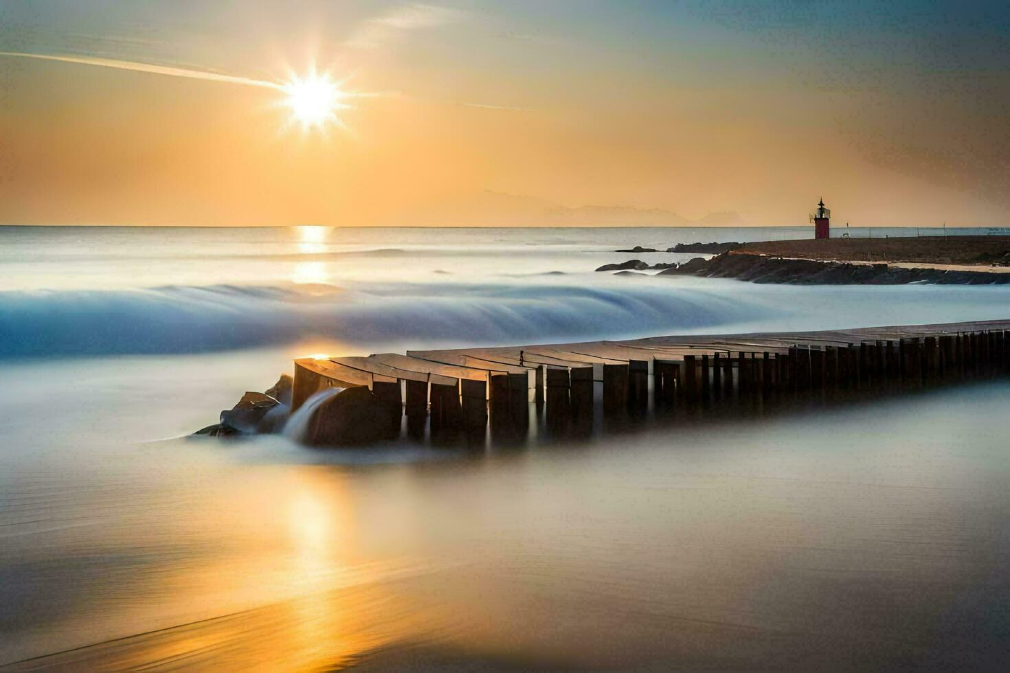 ein lange Exposition fotografieren von ein Seebrücke beim Sonnenuntergang. KI-generiert foto