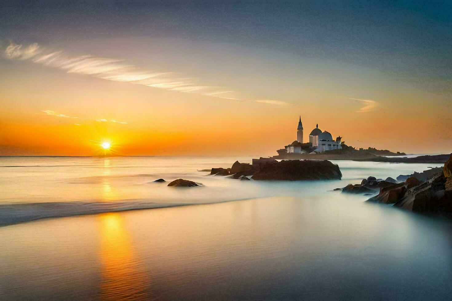 das Sonne setzt Über ein klein Kirche auf das Ufer. KI-generiert foto