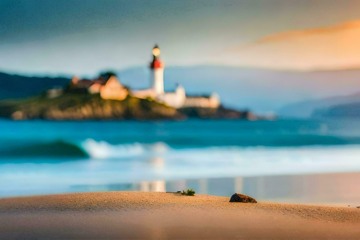 ein Leuchtturm auf das Strand mit ein klein Felsen im das Sand. KI-generiert foto