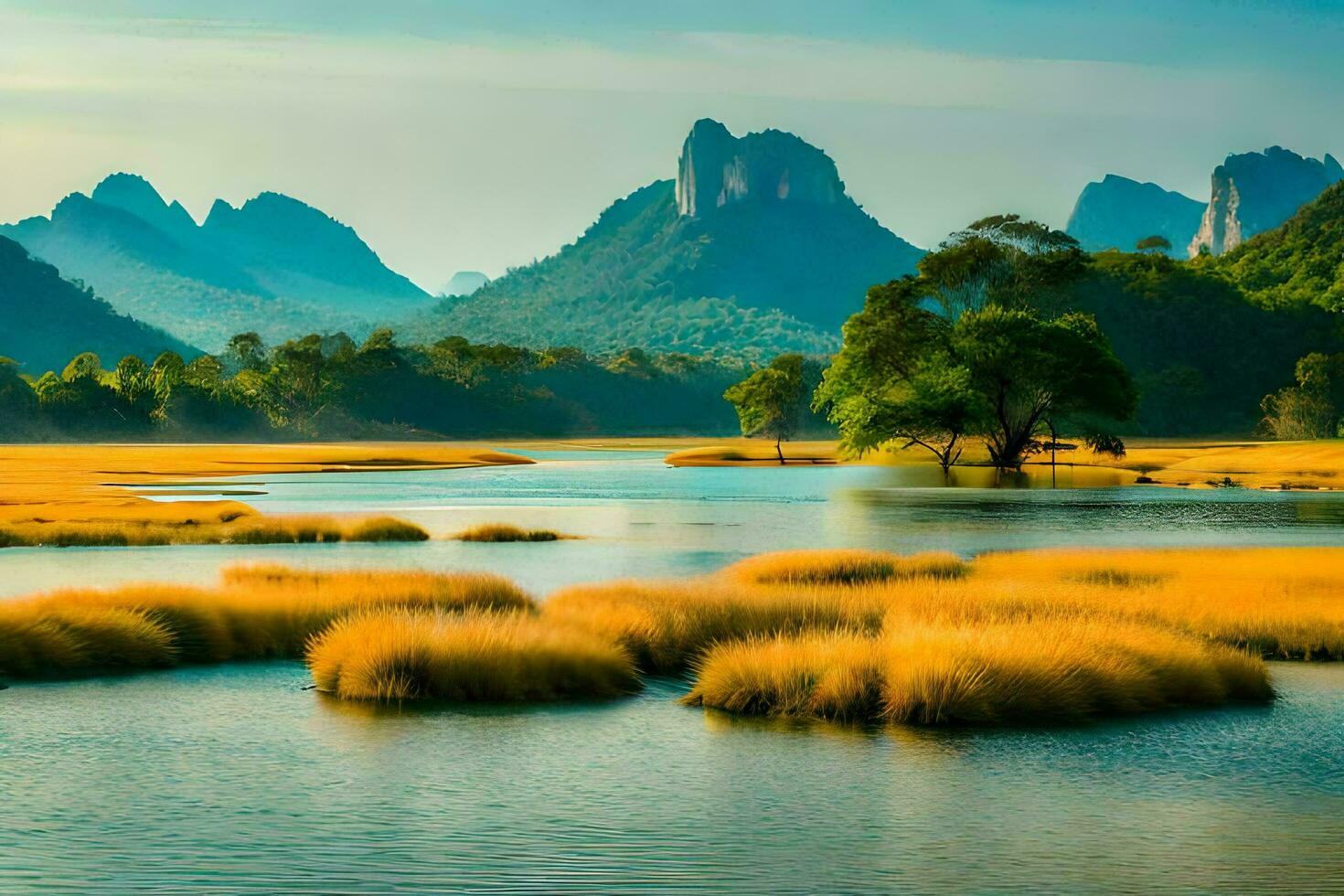 das Berge und Fluss im das Vordergrund mit Gras und Bäume. KI-generiert foto