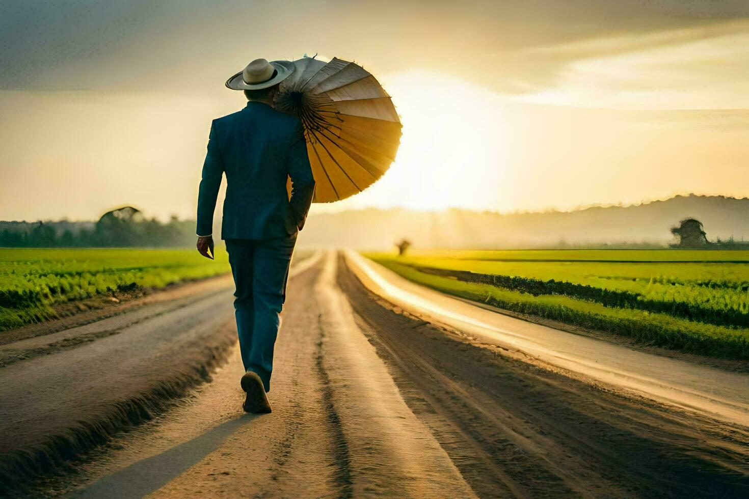 ein Mann im ein passen und Hut Gehen Nieder ein Schmutz Straße mit ein Regenschirm. KI-generiert foto