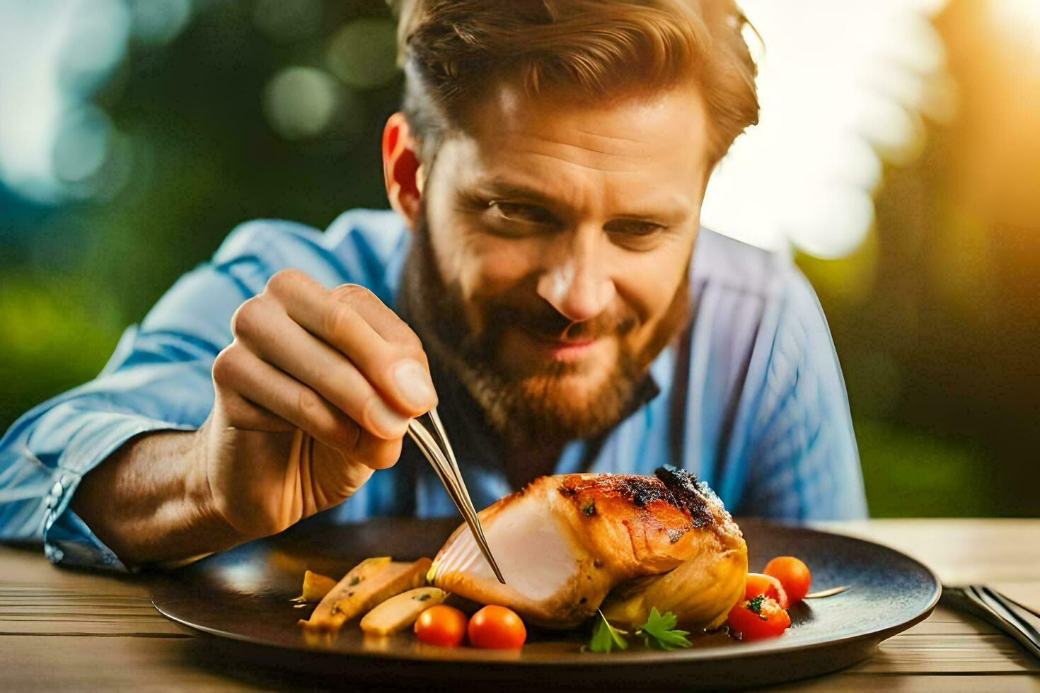 ein Mann ist Essen ein Stück von Fleisch auf ein Platte. KI-generiert foto