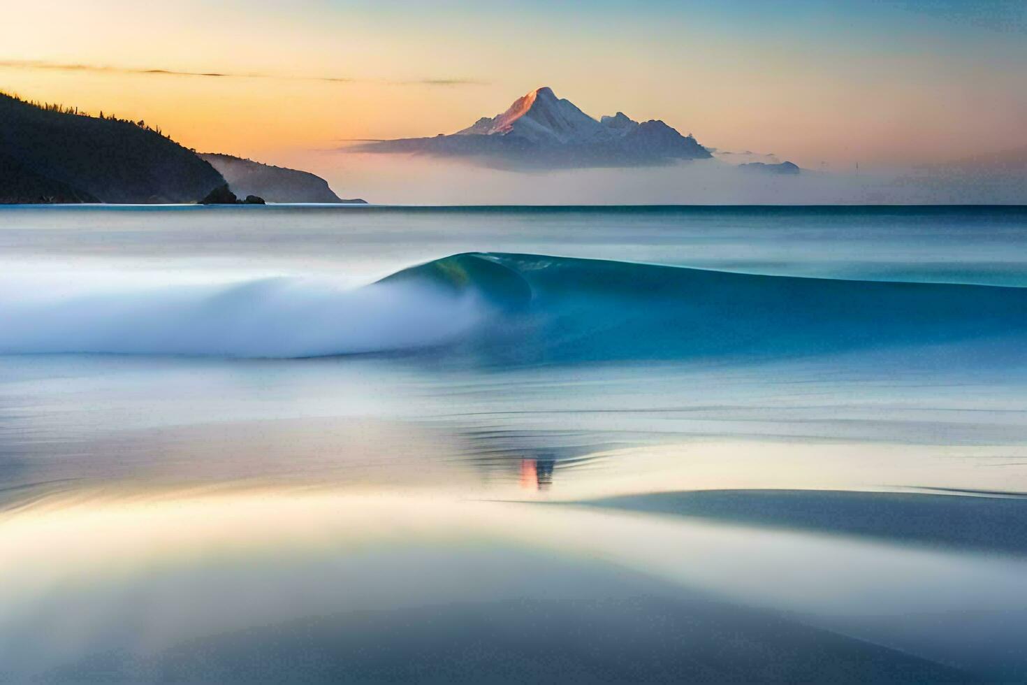 ein Welle stürzt ab in das Ozean beim Sonnenuntergang. KI-generiert foto