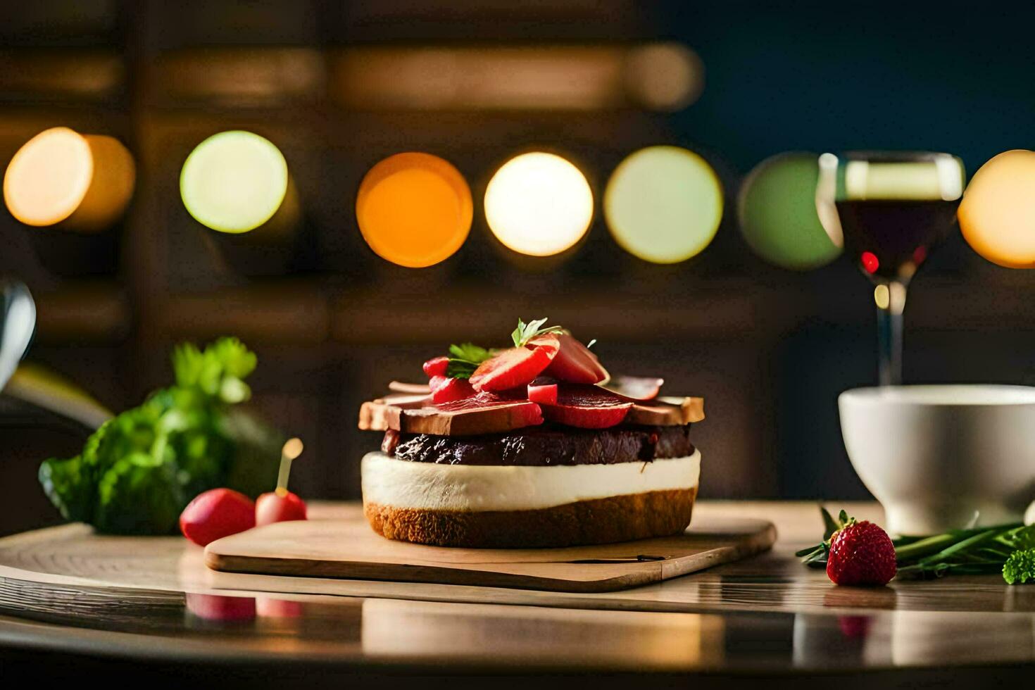 ein Dessert mit Erdbeeren und Sahne auf ein hölzern Tisch. KI-generiert foto