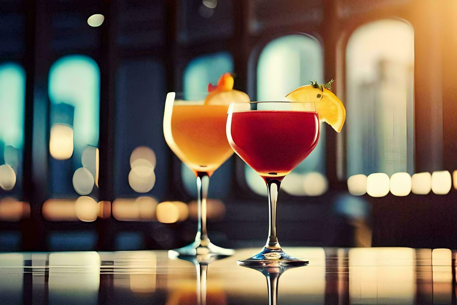 zwei Brille von Cocktails auf ein Tabelle im Vorderseite von ein Stadt Horizont. KI-generiert foto