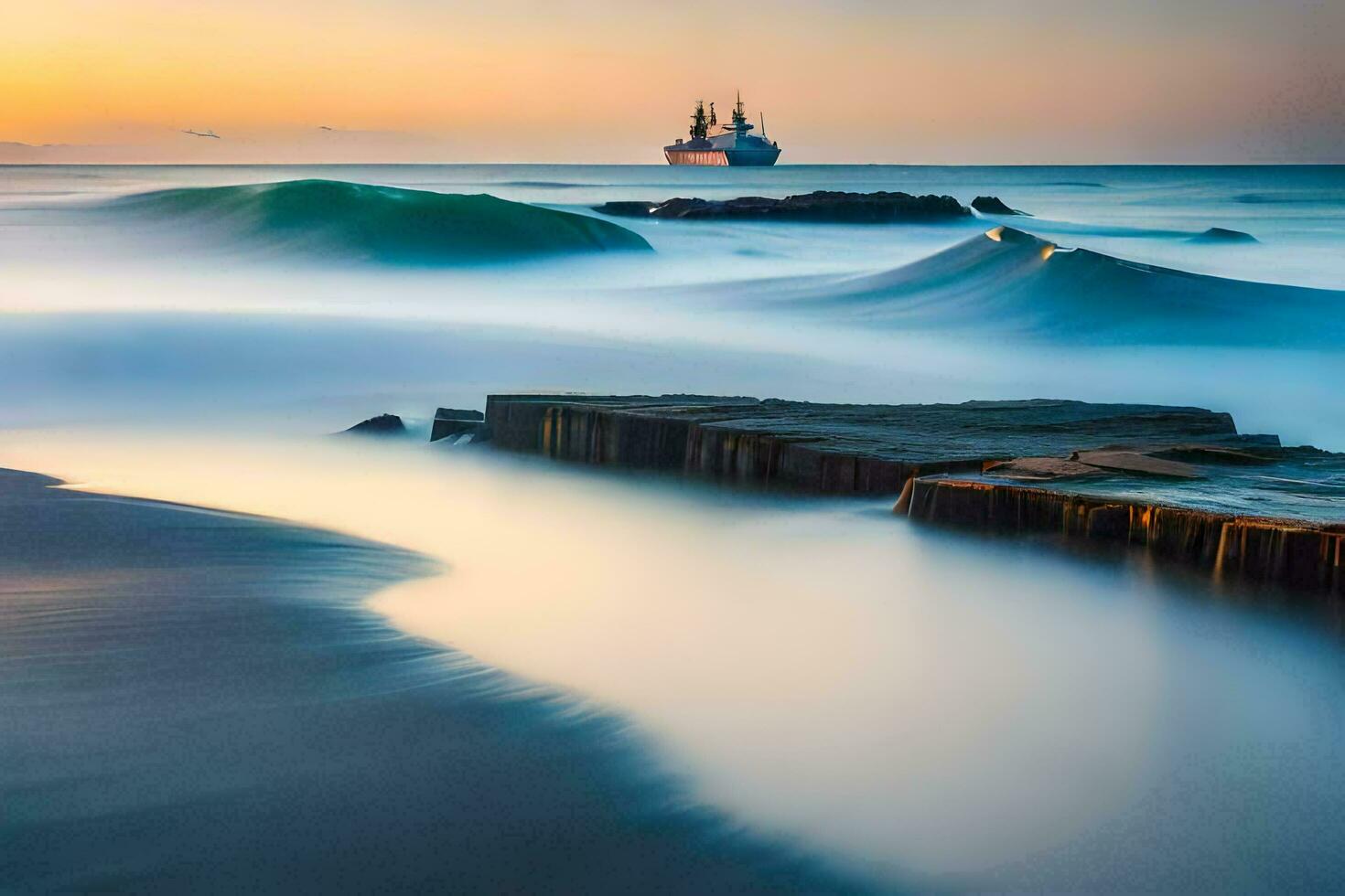 ein Schiff im das Ozean beim Sonnenuntergang. KI-generiert foto