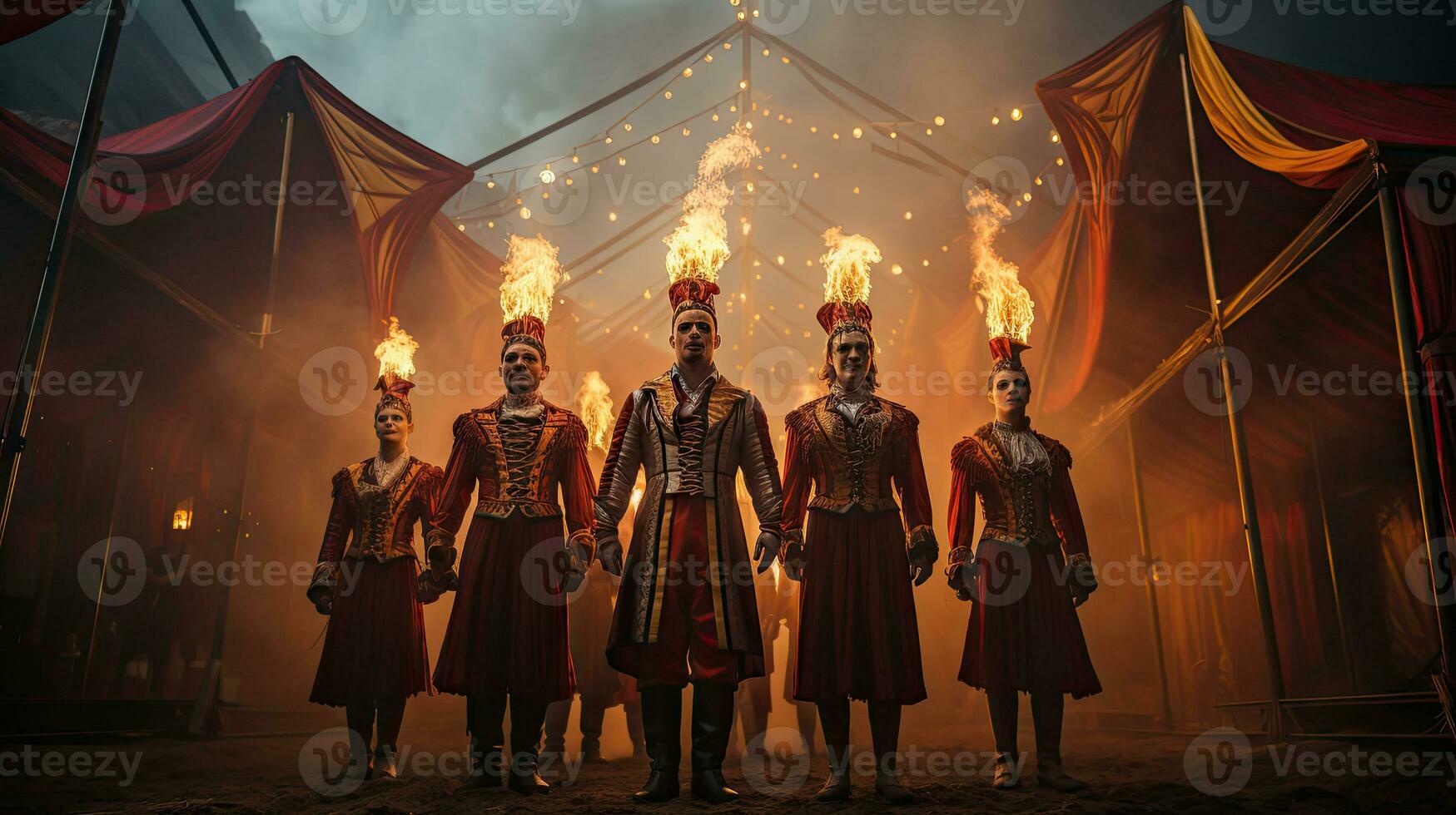 flammend Krieger im traditionell Kostüm mit Feuer Show auf Bühne von Zirkus. foto