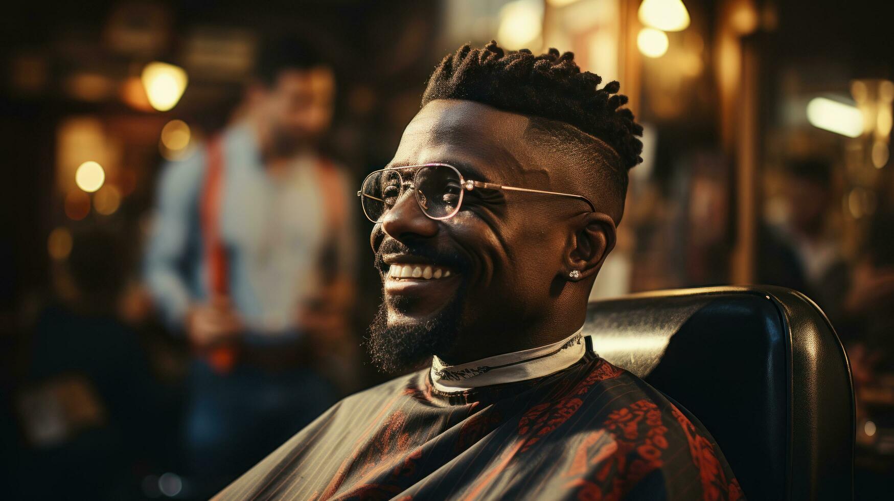 gut aussehend jung afrikanisch Mann Sitzung im ein Stuhl im ein Barbier Geschäft. foto