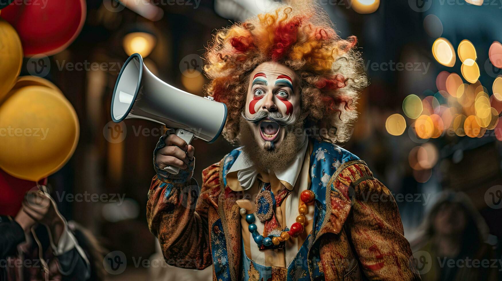 Clown schreien durch ein Megaphon auf ein Nacht Stadt Straße. foto