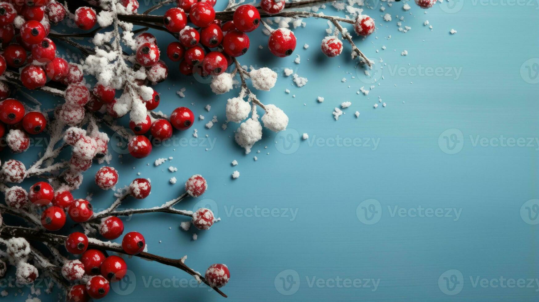 Weihnachten Hintergrund mit Stechpalme Beeren und Schneeflocken auf Blau Hintergrund. Kopieren Raum. foto